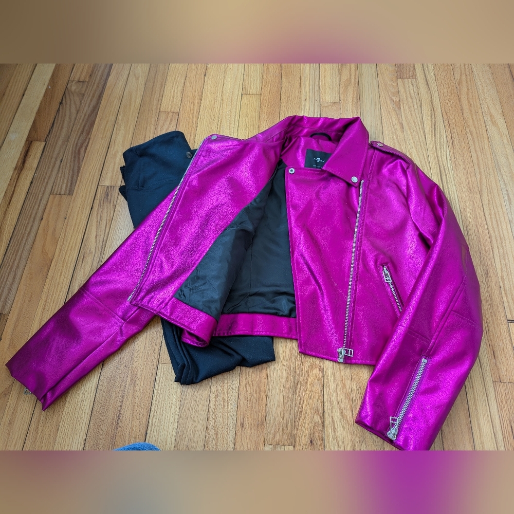 7 For All Mankind NWT Metallic Hot Magenta Pink Moto Jacket - Picture 10 of 12